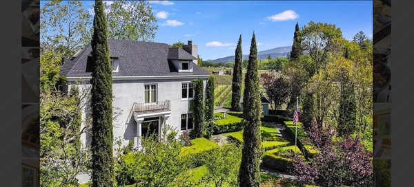 Aerial view of Chateau de Vie vineyard estate in Calistoga, Napa Valley